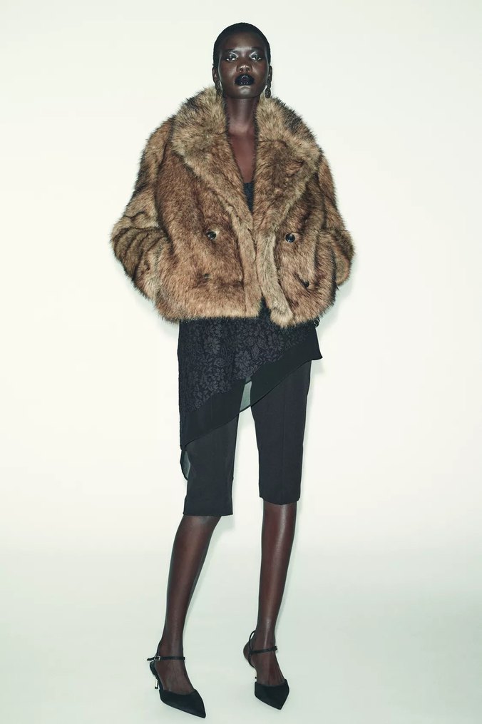 Zara Kısa Suni Peluş Kahverengi Kaban - Görsel 5