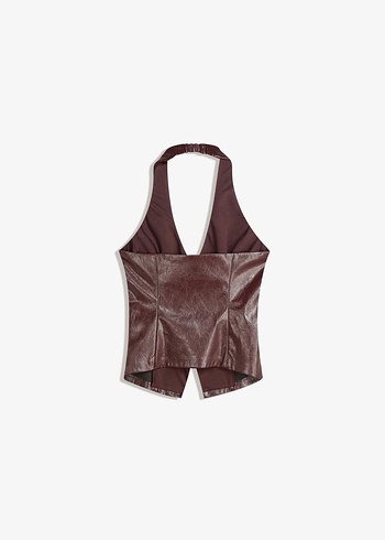 Bershka Halter Yaka Suni Deri Fermuarlı Top - Görsel 5