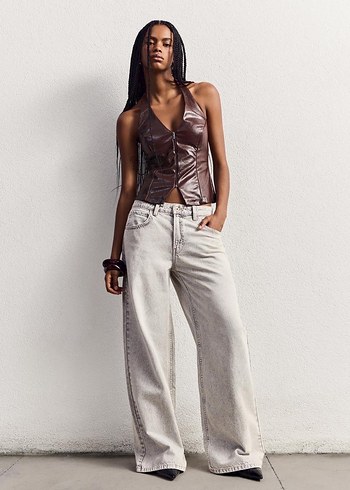 Bershka Halter Yaka Suni Deri Fermuarlı Top - Görsel 3