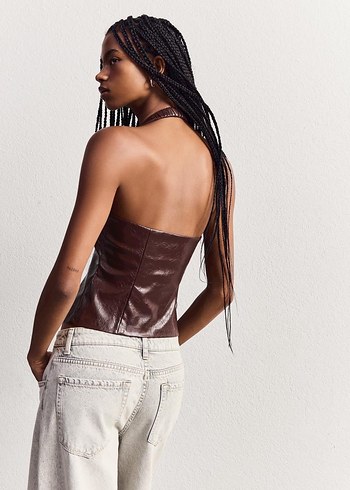 Bershka Halter Yaka Suni Deri Fermuarlı Top - Görsel 2