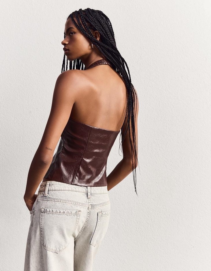 Bershka Halter Yaka Suni Deri Fermuarlı Top - Görsel 2