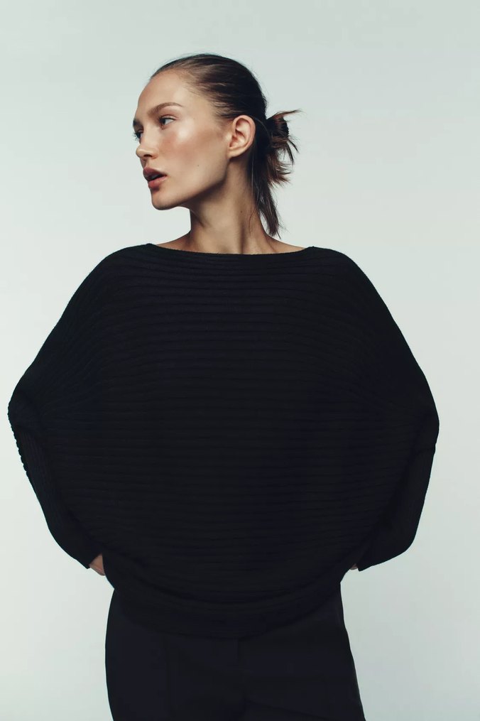 Zara Geniş Yaka Hacimli Örgü Kazak - Görsel 4