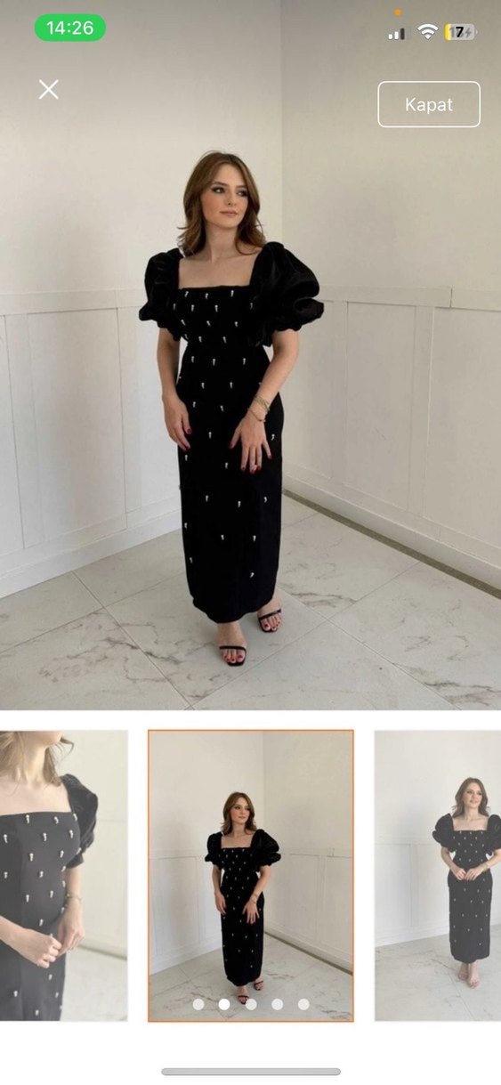 Boncuk İşlemeli Siyah Midi Elbise - Görsel 2