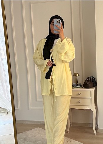 Diğer Sarı Uzun Kollu Bohem Keten Kadın Kimono