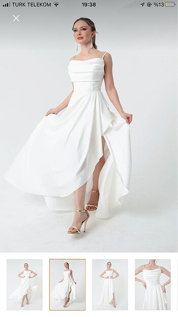 m Beden Beyaz volanlı yırtmaçlı beyaz saten elbise