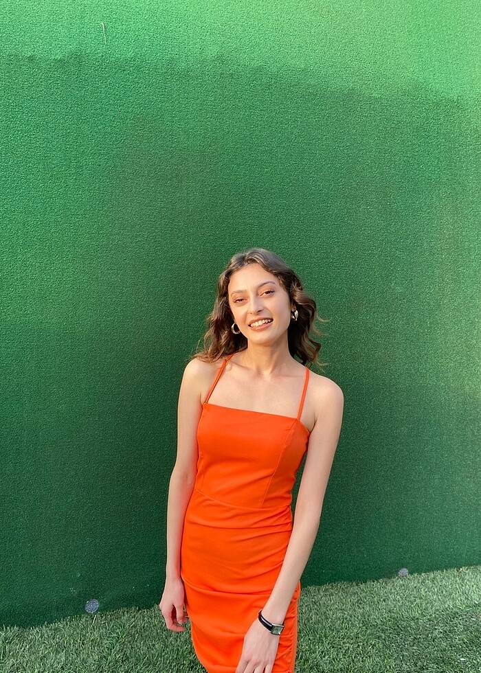 Turuncu midi elbise - Görsel 4