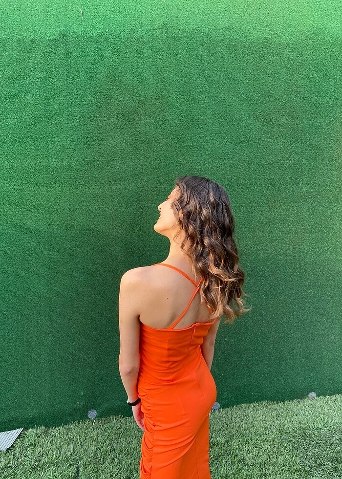 Turuncu midi elbise - Görsel 5