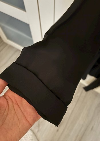 Şifon Kemerli Siyah Midi Ceket - Görsel 4