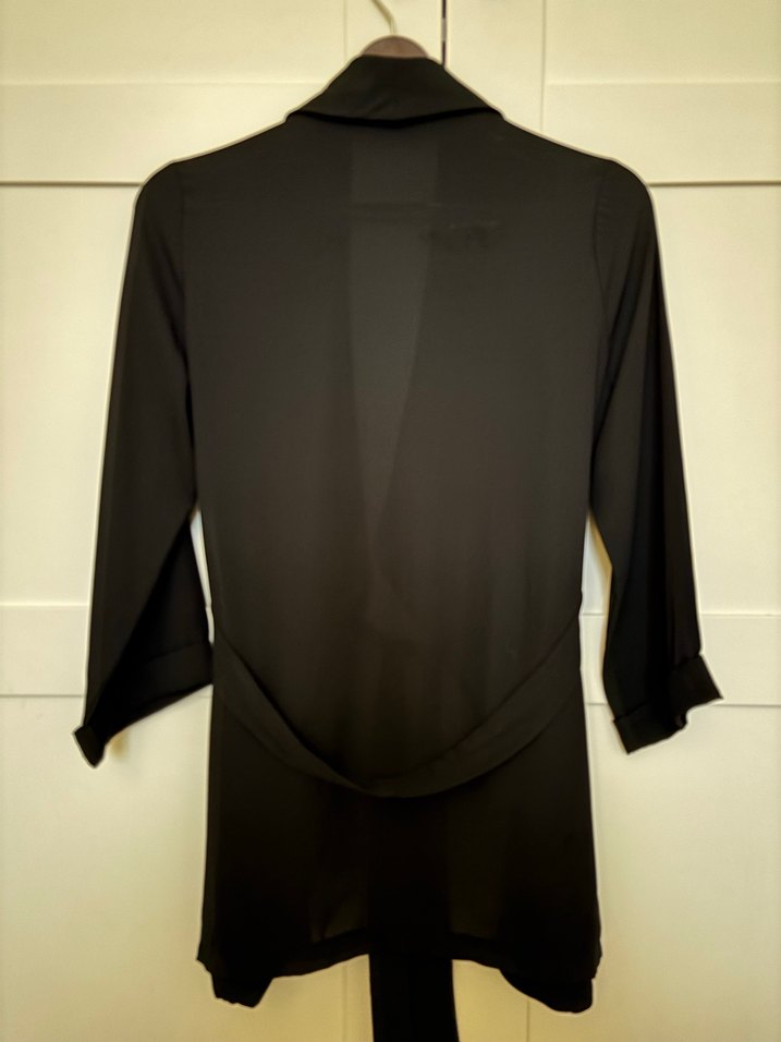 Şifon Kemerli Siyah Midi Ceket - Görsel 2