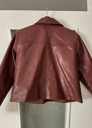 Bordo Yılan Desenli Deri Kadın Ceket - Görsel 2