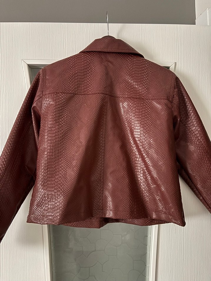 Bordo Yılan Desenli Deri Kadın Ceket - Görsel 2