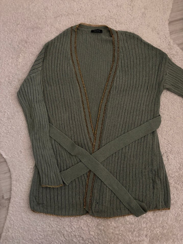 Au Yeşili Bohem Uzun Triko Hırka - Görsel 5