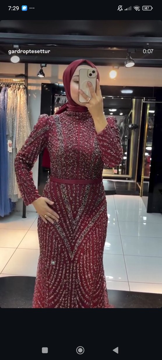 Bordo İşlemeli Uzun Kollu Abiye Elbise - Görsel 2