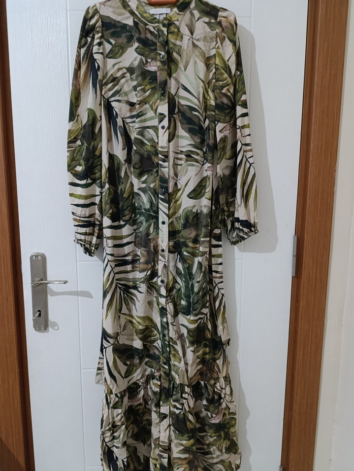 Uzun Yeşil Yaprak Desenli Bohem Elbise - Görsel 2