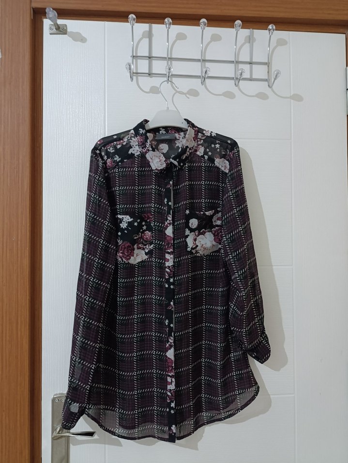 Düğmeli Uzun Kollu Mor Kadın Gömlek - Görsel 2