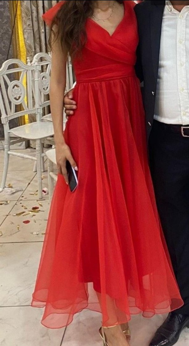 Kırmızı Uzun Drapeli Abiye Elbise - Görsel 3