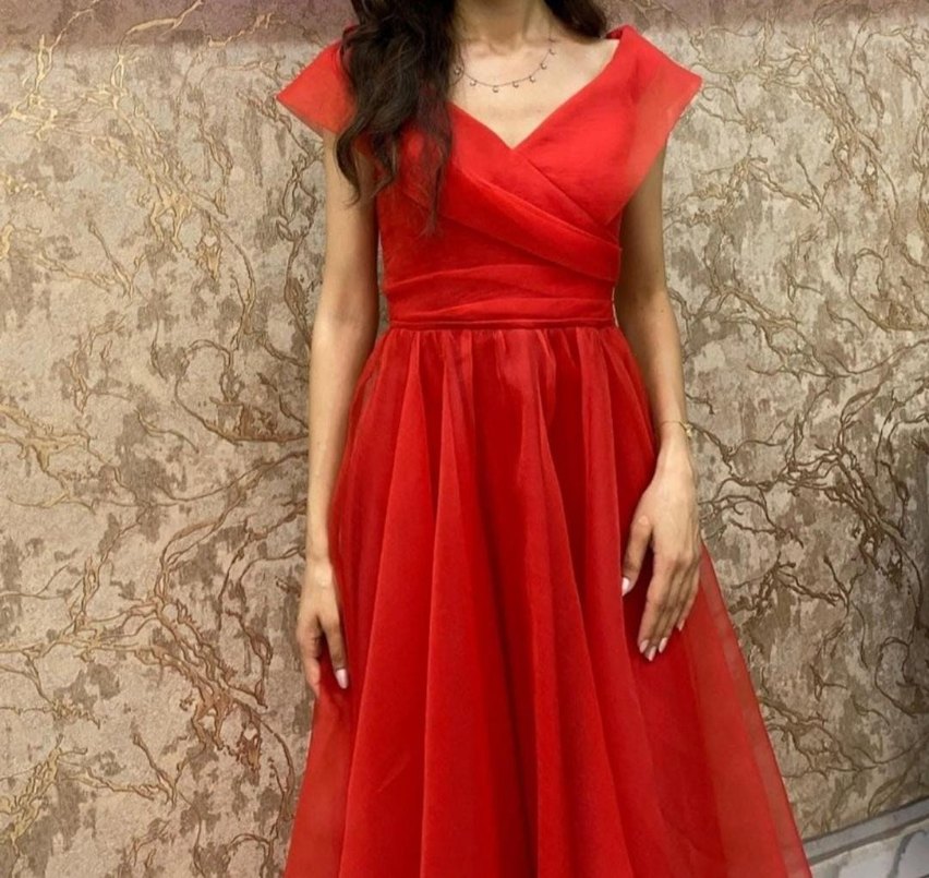 Kırmızı Uzun Drapeli Abiye Elbise - Görsel 2