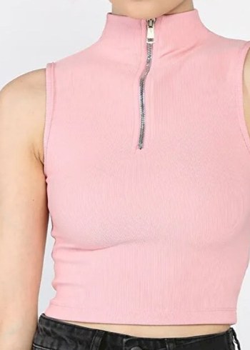 Pembe Yarım Fermuarlı Yüksek Yakalı Crop Top iki tane