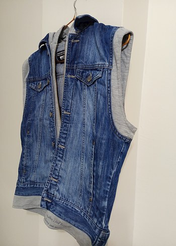 xl Beden Kapüşonlu Gri Denim Yelek