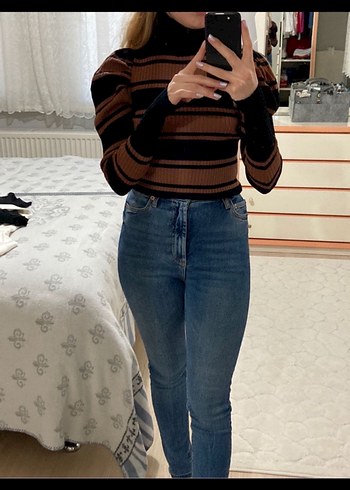 Zara Kahverengi Siyah Çizgili Balıkçı Yaka Kadın Kazak - Görsel 5