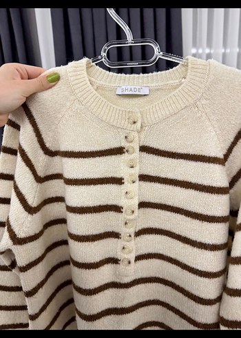 Çizgili Kahverengi Triko Kadın Kazak - Görsel 3