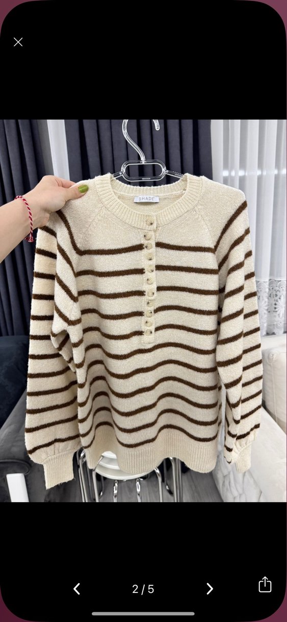 Çizgili Kahverengi Triko Kadın Kazak - Görsel 2