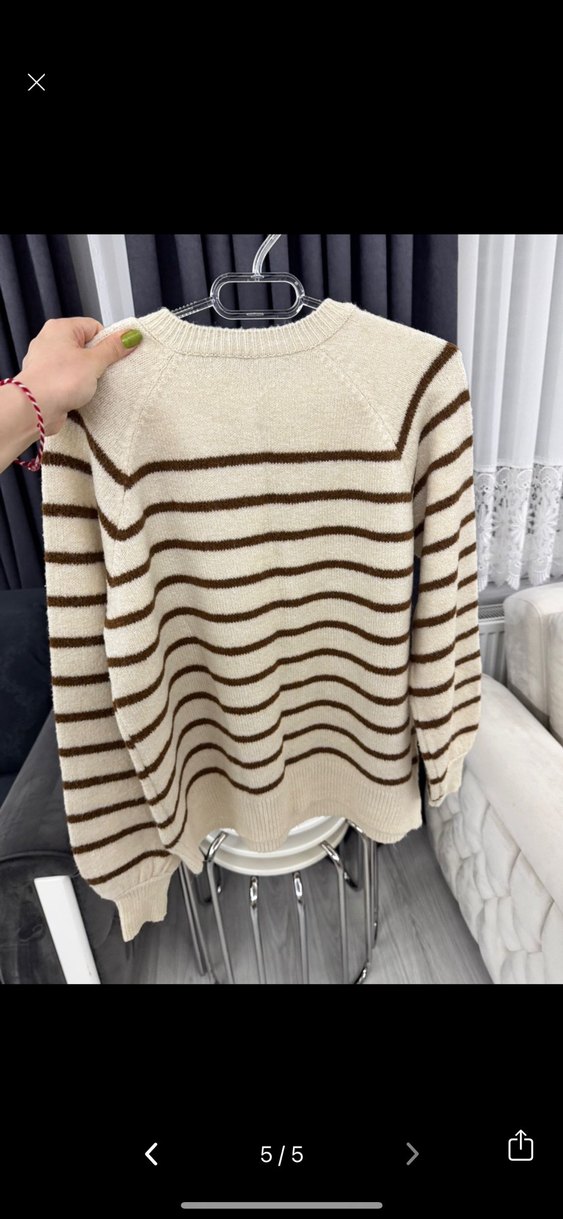 Çizgili Kahverengi Triko Kadın Kazak - Görsel 4