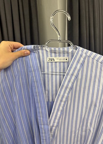 Zara Çizgili V Yaka Uzun Kollu Kadın Gömlek - Görsel 3