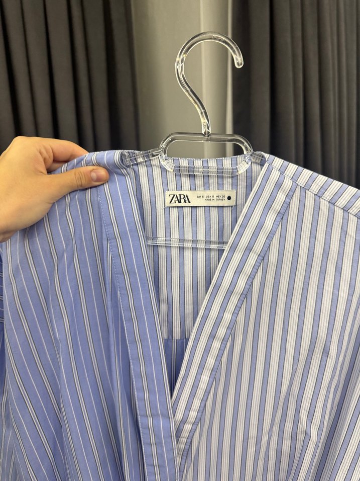 Zara Çizgili V Yaka Uzun Kollu Kadın Gömlek - Görsel 3