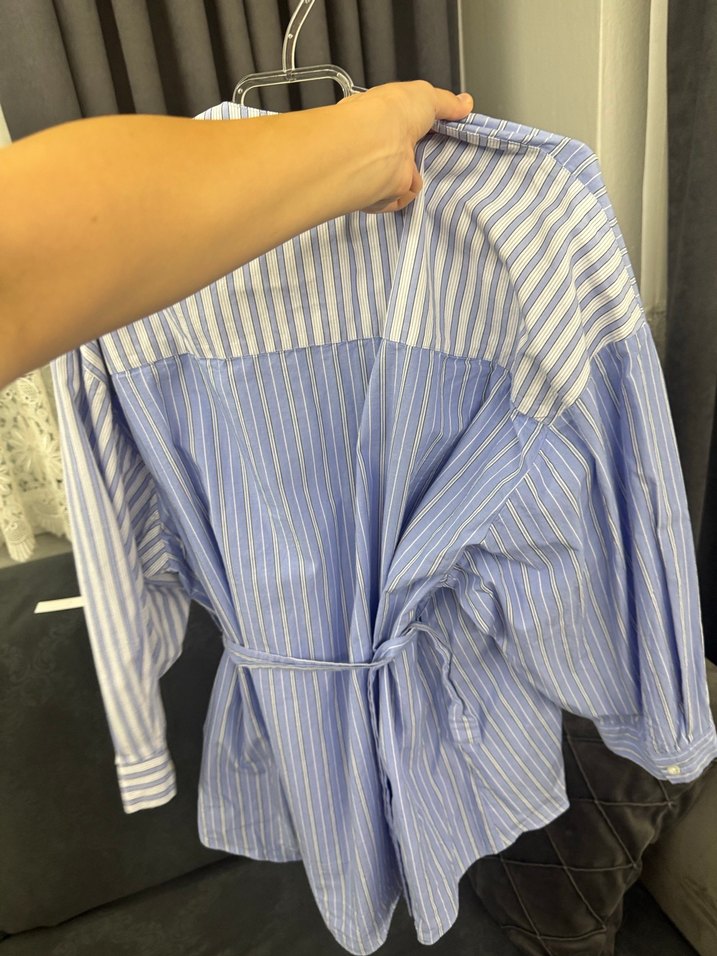 Zara Çizgili V Yaka Uzun Kollu Kadın Gömlek - Görsel 4
