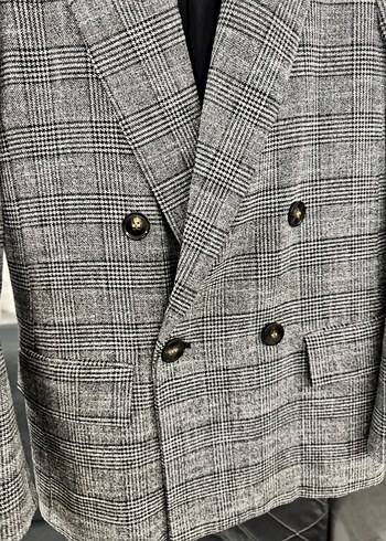 H&M Gri Ekose Düğmeli Kadın Blazer Ceket - Görsel 3