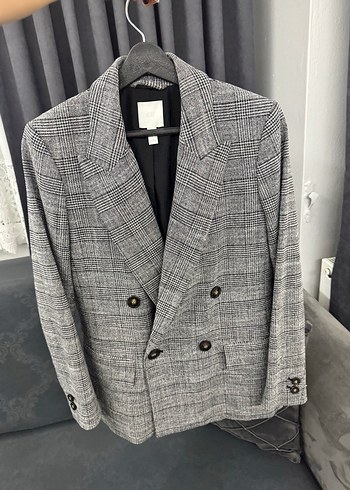 H&M Gri Ekose Düğmeli Kadın Blazer Ceket