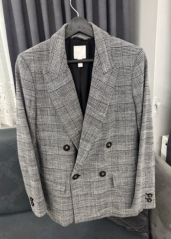 s Beden gri Renk H&M Gri Ekose Düğmeli Kadın Blazer Ceket
