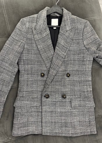 H&M Gri Ekose Düğmeli Kadın Blazer Ceket - Görsel 9