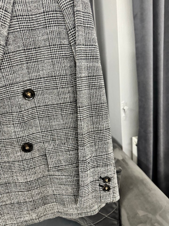 H&M Gri Ekose Düğmeli Kadın Blazer Ceket - Görsel 4