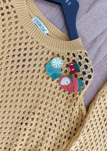 Nakışlı Sarı Kadın Triko Kazak - Görsel 2