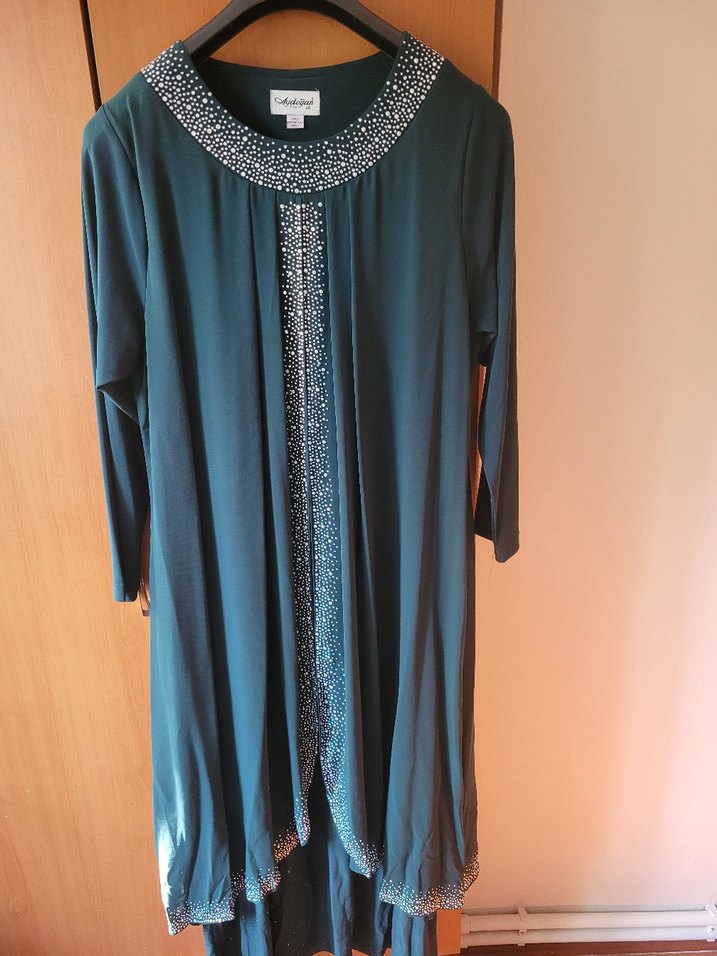 Boncuk İşlemeli Uzun Turkuaz Abiye Elbise - Görsel 2