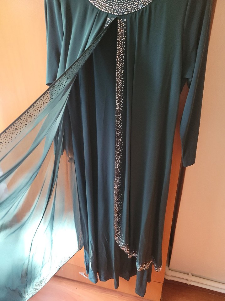 Boncuk İşlemeli Uzun Turkuaz Abiye Elbise - Görsel 3