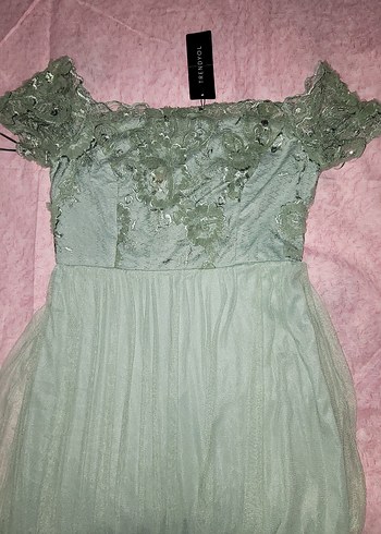 Yeşil Nakışlı Straplez Uzun Abiye Elbise - Görsel 3