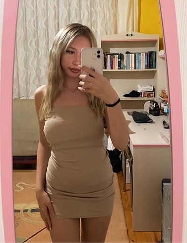 straplez mini krem renkli H&M elbise