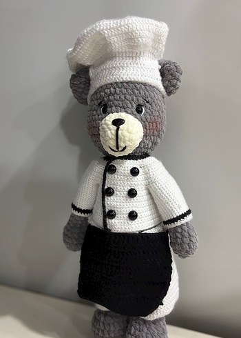 Şef Temalı Gri Amigurumi Ayı Peluş Oyuncak