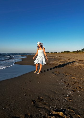 Buz mavisi Mini Bohem Plaj Elbise - Görsel 4