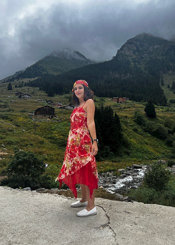 Kırmızı Bağlamalı Midi Bohem Elbise - Görsel 4