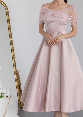 Pudra Pembe Tarlatanlı Saten Elbise