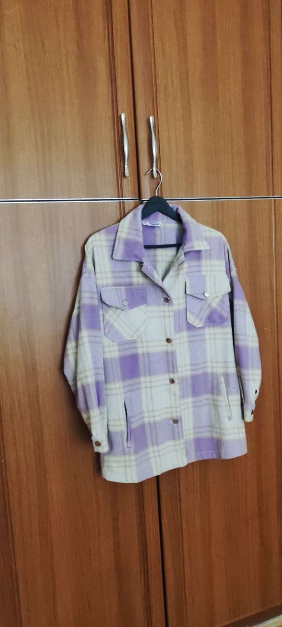 Mor Ekoseli Düğmeli Kadın Gömlek - Görsel 4