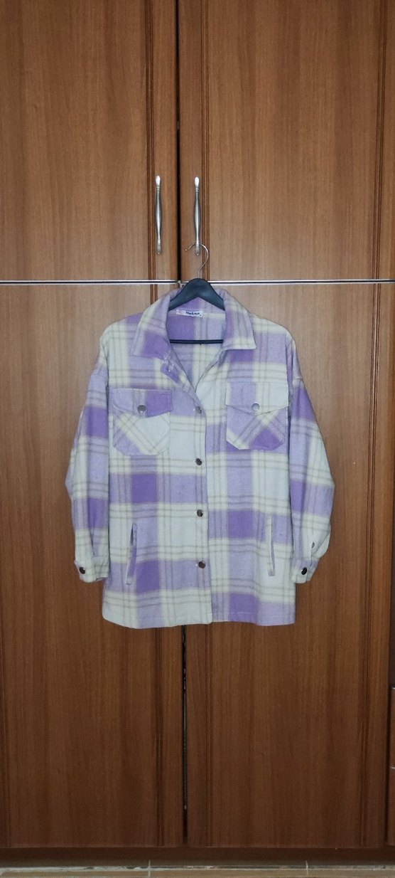 Mor Ekoseli Düğmeli Kadın Gömlek - Görsel 2