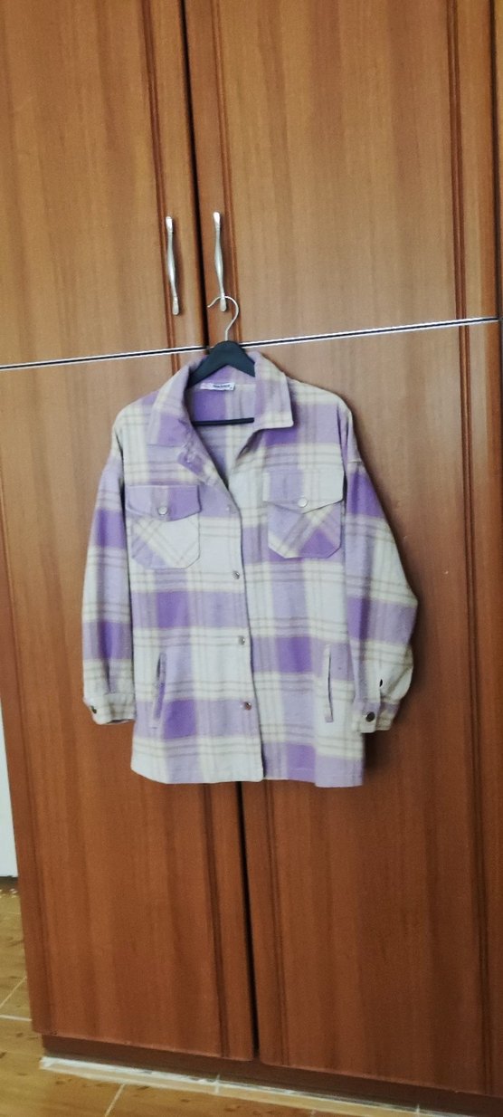 Mor Ekoseli Düğmeli Kadın Gömlek - Görsel 3