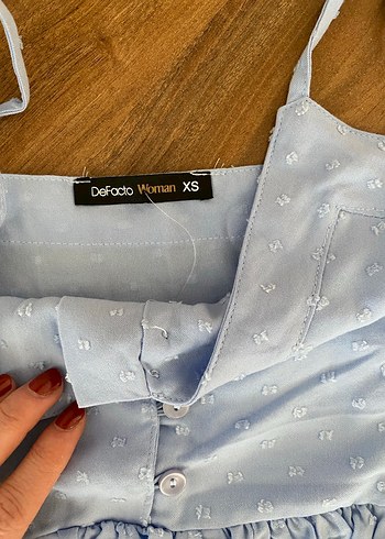 Mavi Nakışlı Pamuklu Fırfırlı Askılı Bluz - Görsel 2