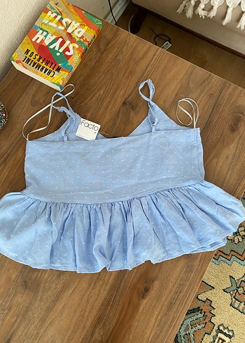 Mavi Nakışlı Pamuklu Fırfırlı Askılı Bluz - Görsel 4