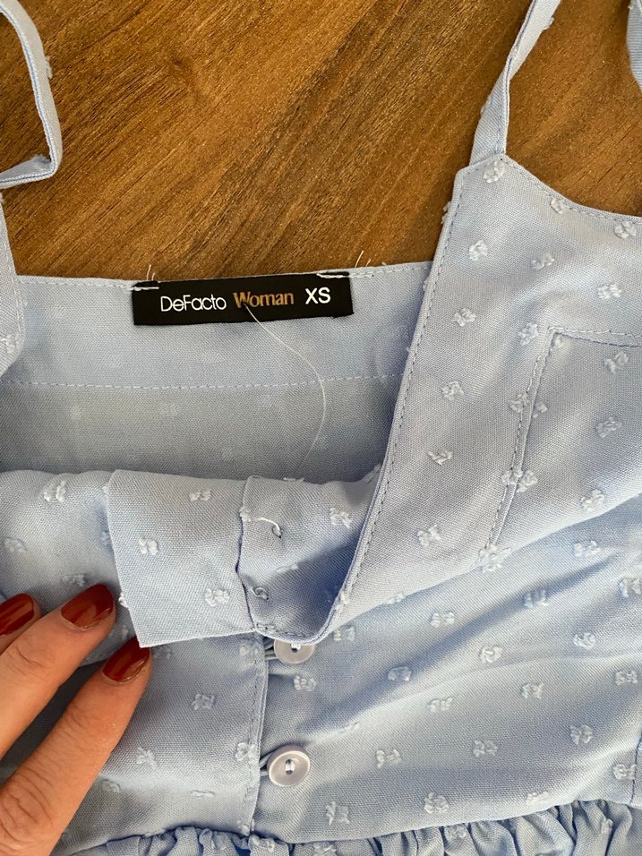 Mavi Nakışlı Pamuklu Fırfırlı Askılı Bluz - Görsel 2